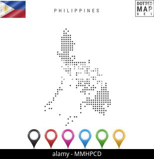 Vector Dotted Map of Philippines. Simple Silhouette of Philippines. Flag of Philippines. Set of Multicolored Map Markers Stock Vector