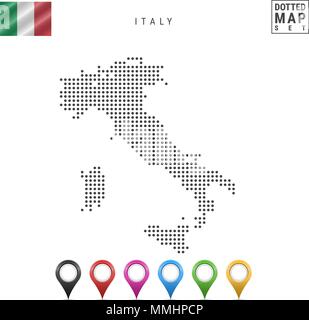 Vector Dotted Map of Italy. Simple Silhouette of Italy. The National Flag of Italy. Set of Multicolored Map Markers Stock Vector