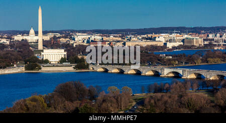 MARCH 26, 2018 - ARLINGTON, VA - WASH D.C. - Aerial view of Washington D.C. from Top of Town restaurant, Arlington, Virginia shows Lincoln & Washington Memorial and U.S. Capitol and Memorial Bridge crossing Potomac River Stock Photo