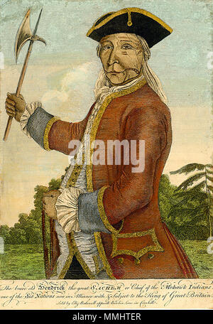 . English: 'The Brave old Hendrick the great sachem or chief of the Mohawk Indians', a hand-tinted engraving of Mohawk leader Hendrick Theyanoguin, published in London in 1755, based on an earlier lost portrait. According to historian Eric Hinderaker, artist William Williams painted a portrait of Hendrick in 1755 in Philadelphia, and this engraving may be based on that lost painting.  . 1755. Engraver unknown, based on a lost portrait by an unknown artist Hendrick Theyanoguin Stock Photo