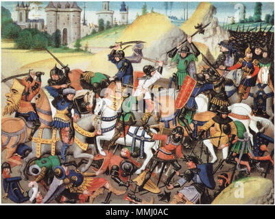 . English: Crusades fighting in a battle in front of Antioch while the Siege of Antioch in 1097 and 1098. Deutsch: Kreuzritter in einem Gefecht vor den Mauern Antiochias im Zuge der Belagerung der Stadt in den Jahren 1097 und 1098  . Miniature from the 14. Century. Unknown 75 Battle in front of Antioch Stock Photo