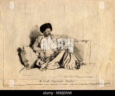 .  English: Portrait of English Turkey merchant Francis Levett, attired in Turkish costume, after the painting by Jean Etienne Liotard in the Louvre Museum in Paris, line engraving by Johann Christoph von Reinsperger. 'M. Levett, Negociant Anglais' . Francis Levett of Nethersole, Kent, England, was chief representative of the Levant Company in Constantinople (Istanbul) from 1737–1750. Levett was also a benefactor of Morden College, London.  by; after Johann Christoph von Reinsperger; Jean Etienne Liotard,print,mid 18th century FrancisLevett Stock Photo