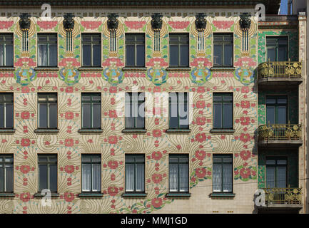 Majolikahaus (Majolica House) designed by Austrian modernist architect Otto Wagner and built in 1898 in Linke Wienzeile 40 in Vienna, Austria. Majolica floral decoration was designed by Austrian architect Alois Ludwig. Stock Photo