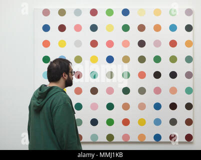 Visitor in front of the painting 'Ammonium biborate' (1993) by British painter Damien Hirst displayed at the exhibition 'WOW! The Heidi Horten Collection' in the Leopold Museum in Vienna, Austria. The exhibition presenting the masterpieces from one of the most impressive European private collections runs till 29 July 2018. Stock Photo