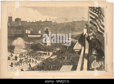 . English:   File name: 10 09 000185 Title: Great Sumter meeting in Union Square, New York, April 11, 1863 Creator/Contributor: Homer, Winslow, 1836-1910 (artist) Date issued: 1863-04-25 Physical description: 1 print : wood engraving Genre: Wood engravings; Periodical illustrations Notes: Published in: Harper's Weekly, 25 April 1863, p. 260. Collection: Winslow Homer Collection Location: Boston Public Library, Print Department Rights: No known restrictions Flickr data on 2011-08-11: Camera: Sinar AG Sinarback 54 FW, Sinar m Tags: Winslow Homer User: Boston Public Library BPL   . 17 May 2011, 1 Stock Photo