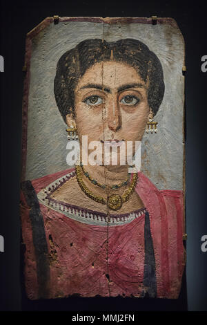 Female mummy portrait of the Fayum type dated from 161-192 AD found in Philadelphia (er-Rubayat) in Roman Egypt, now on display in the Kunsthistorisches Museum (Museum of Art History) in Vienna, Austria. Stock Photo