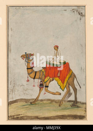 .  English: One of six figures from the Mughal emperor's ceremonial procession on the occasion of the Id.  . circa 1840(painted). Khan, Mazhar Ali (possibly, Artist) 19 A camel with its rider playing kettle drums. Stock Photo