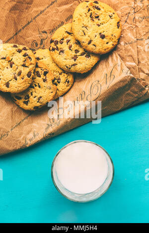 Teal flat layer cookies and milk Stock Photo