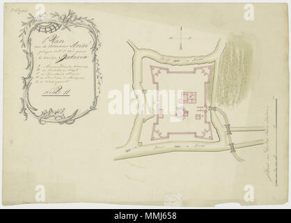 .  Nederlands: Titel catalogus Leupe (NA): Plan van de Veld-Schans Anke, geleegen omtrent 1 uur gaans bewesten Batavia. Op de kaart staat: 2e Copie. Notities verso: No. 11.b. [staat zowel aan de linkerkant als aan de rechterkant]. English: According to the Leupe catalogue (NA), the original title reads: Plan van de Veld-Schans Anke, geleegen omtrent 1 uur gaans bewesten Batavia. The map is marked: 2e Copie. Notes on reverse: No. 10.b. [marked on both the left and right hand side].  Nederlands: Plattegrond van de schans Anke English: Map of the Anke entrenchment . circa 1764. Creator:C.A. Luepk Stock Photo