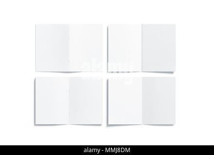 Blank white multi-page a5 booklet mock up, front and back side, all pages top view, 3d rendering. Plain twofold brochures mockups set isolated. Book cover and flier inside, copy space. Stock Photo