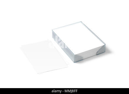 Blank white paper sheet mockup and plastic a4 block, 3d rendering. Stack of pages in acrylic transparent holder box mock up, isolated. Desktop stationery pocket template. Legal documents tray. Stock Photo