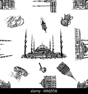 Seamless pattern of hand drawn sketch style Turkey related objects isolated on white background. Vector illustration. Stock Vector
