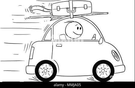 Cartoon of Smiling Man Going in Small Car On Vacation or Holiday Stock Vector