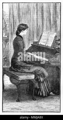 Engraving of a young woman playing a piano. From an original engraving in the Girl's Own Paper magazine 1883. Stock Photo