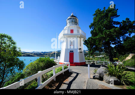 Light house in Akaroa, Banks Peninsula, South Island, New Zealand Stock Photo