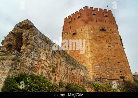 Red Tower, Kizil Kule made from red bricks in Alanya. Turkey Stock Photo