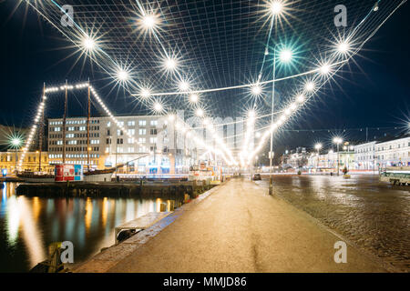 Helsinki, Finland. Evening Night Festive Christmas Xmas New Year Illuminations On Market Square. Stock Photo