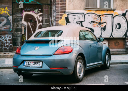 Prague, Czech Republic - September 22, 2017: Side View Of Blue Volkswagen New Beetle Cabriolet Car Parked In Street. Stock Photo