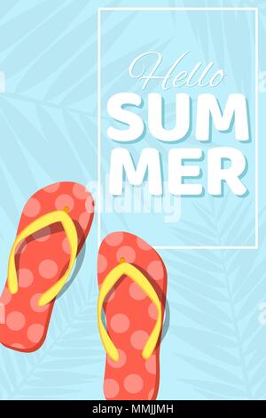 Summer seasonal poster. Beach flip flops on a blue background with a pattern of palm leaves. Cartoon flat style. Bathing season. Vector illustration.  Stock Vector