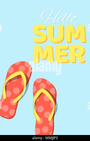 Summer seasonal poster. Beach flip flops on a blue background. Cartoon flat style. Bathing season. Vector illustration. EPS 10 Stock Vector