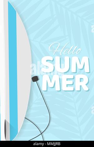 Summer seasonal poster. Surfboard. Blue background with a pattern from the leaves of a palm tree. Cartoon flat style. Bathing season. Vector illustrat Stock Vector