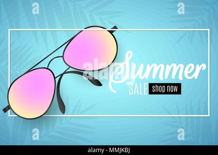 Advertising web banner for summer sale. Beach sunglasses in a white frame on a blue background. Glare bokeh. Leaves of a palm tree. Special offer. Vec Stock Vector
