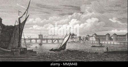 Vauxhall Bridge and Penitentiary, Millbank, London. Antique engraved print 1817 Stock Photo
