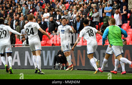 Tranmere Rovers' Andy Cook (centre) celebrates scoring his side's first goal of the game during the Vanrama National League Play-off Final at Wembley Stadium, London. Stock Photo