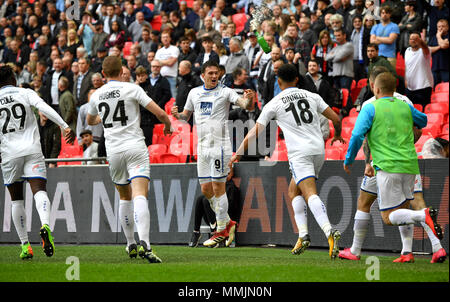 Tranmere Rovers' Andy Cook (centre) celebrates scoring his side's first goal of the game during the Vanrama National League Play-off Final at Wembley Stadium, London. Stock Photo