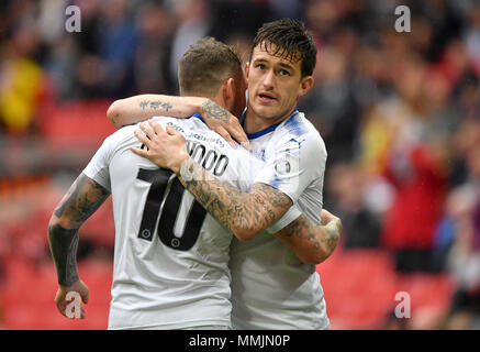 Tranmere Rovers' Andy Cook (right) celebrates scoring his side's first goal of the game during the Vanrama National League Play-off Final at Wembley Stadium, London. Stock Photo
