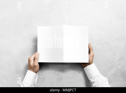 Hand holding blank white brochure mockup, back side view. Leaflet cover presentation. Stock Photo