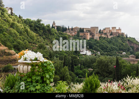 View of the famous Alhambra palace in Granada from Sacromonte quarter, Spain. Stock Photo