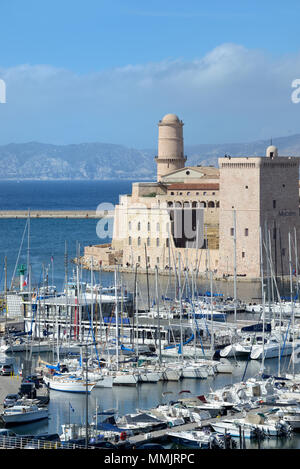 Fort Saint Jean and Marina at the Entrance to the Vieux Port or Old Port Marseille Provence Stock Photo