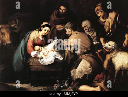 .  Español: La obra representa el momento en que el Niño Jesús, que aparece desnudo y sostenido por su madre, la Virgen María, fue adorado por los pastores de Belén.  The Adoration of the Shepherds. circa 1650. Bartolome Murillo - The Adoration of the Shepards Stock Photo