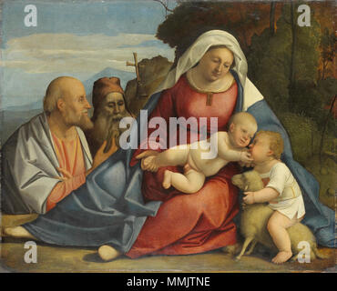 Madonna and Child, Little John the Baptist, Peter and Anthony the Hermit. circa 1515. Anoniem - Maria met het kind, de kleine Johannes de Doper, Petrus en Antonius de Heremiet Stock Photo