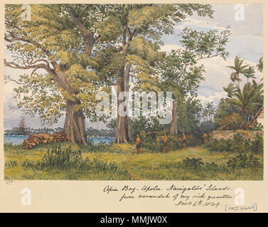 . English: 'Apia Bay, Upolu, Navigators' Islands, [Samoa] from verandah of my sick quarters, Novr 6th 1849'.  . 6 November 1849. Admiral Edward Gennys Fanshawe (27 November 1814 – 21 October 1906). Edward Gennys Fanshawe, Apia Bay, Upolu, Navigators Islands, (Samoa) from verandah of my sick quarters, Novr 6th 1849 Stock Photo