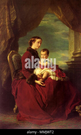 . The Empress Eugenie Holding Louis Napoleon, the Prince Imperial on her Knees  . 1857. Franz Xavier Winterhalter-The Empress Eugenie Holding Louis Napoleon Stock Photo