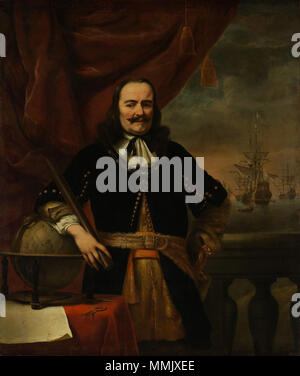 . Portrait of Michiel Adriaensz. de Ruyter, at knee-length, standing in front of a red curtain and a balustrade. In the background a seascape with De Ruyter's flagship De Zeven Provinciën. De Ruyters rests his right arm on a globe, while holding a baton in his right hand. Around his neck he is wearing the Order of Saint Michael. On the table the globe is standing on lies a map showing the coastline of Holland and Flanders with in the middle the island of Walcheren, where De Ruyter was born. Part of a series of six identical portraits of Michiel Adriaensz. de Ruyter of which four have survived. Stock Photo