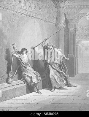 . English: Saul Attempts to Kill David (1Sam. 18:6-14) Русский: Саул бросает копьё в Давида (1Цар. 18:6-14)  . 1866.   Gustave Doré  (1832–1883)      Alternative names Paul Gustave Doré, Paul Gustave Louis Christophe Doré  Description French painter, illustrator, engraver and caricaturist  Date of birth/death 6 January 1832 23 January 1883  Location of birth/death Strasbourg Paris  Work location Paris  Authority control  : Q6682 VIAF:?41839207 ISNI:?0000 0001 2278 6962 ULAN:?500013657 LCCN:?n79089221 NLA:?35041510 WorldCat 072.Saul Attempts to Kill David Stock Photo