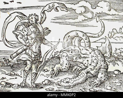 . English: Apollo kills Python. Engraving by Virgil Solis for Ovid's ...