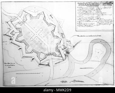 . English: Map of swedish city / fortress of Carlsburg at the junction of the river Geeste with the river Weser. The layout of the city was designed by Erik Dahlberg around 1680, modifying the original plan by Jean Mell from 1672. Deutsch: Karte der schwedischen Festungsstadt Carlsburg an der Mündung der Geeste in die Weser. Den Entwurf für die Stadt fertigte Erik Dahlberg um 1680 als Überarbeitung des ursprünglichen Plans von Jean Mell aus dem Jahr 1672.  . 1681. Unknown Carlsburg - Erik Dahlberg - 1681 Stock Photo