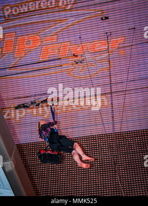 Zip Line in downtown Las Vegas Nevada at Fremont Street Experience Stock Photo