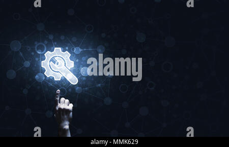 Close of human hand touching with finger setting glowing icon Stock Photo