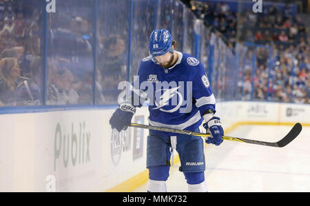 Tampa, Florida, USA. 11th May, 2018. DIRK SHADD | Times.Tampa Bay Lightning right wing Nikita Kucherov (86) skates with his head down during a break in play in the third period of Game 1 in the Eastern Conference Final Friday, May 11, 2018 in Tampa. Tampa Bay Lightning right wing Nikita Kucherov (86) puck found the back of the net but the goal was denied due too many men on the ice. Credit: Dirk Shadd/Tampa Bay Times/ZUMA Wire/Alamy Live News Stock Photo