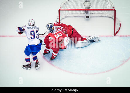 LR) Ludvig Hoff of Team Norway, Jesper Jensen Aabo and Frederik Andersen of  Team Denmark during the match between Denmark and Norway on 11.05.2018 in  Herning, Denmark. (Photo by Marco Leipold/City-Press GbR)