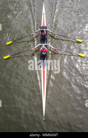 Overhead or birdseye view of rowing boat, River Severn Shrewsbury UK Stock Photo