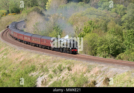 On a bright sunny summers day,Merchant Navy Class 'British India Line' steams through Cumbria near Armathwaite engine number 35018 on the Carlisle to Settle line. Stock Photo