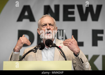 London, UK. 12th May, 2018. Jeremy Corbyn, The Labour Party leader, speaks to a crowd of  thousands of trade unionists during a TUC rally in Hyde Park on the theme of ‘a new deal for working people'. Credit: Guy Corbishley/Alamy Live News Stock Photo