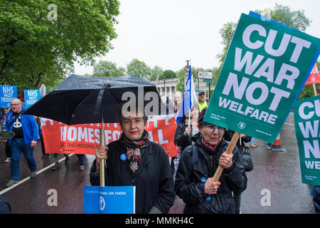 London, UK. 12th May, 2018. TUC March and Rally. Thousands march through London to demand 'A New Deal for Working People' in this demonstration organised by the Trades Union Congress. Marchers formed up at Victoria Embankment and marched to their rally in Hyde Park.  Picture to the left, Kate Hudson,  CND General Secretary and officer of Stop the War Coalition. Credit: Stephen Bell/Alamy Live News Stock Photo