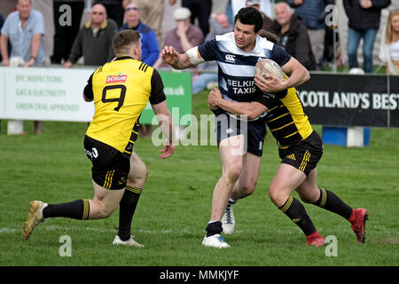 Selkirk, Scotland, UK. 12th May 2018. Selkirk RFC, Philiphaugh, UK. 12.May.2018.   Kings of the 7s - Selkirk Selkirk Captain Ross Nixon in final action between Selkirk and Melrose, Selkirk victorious after a nail biting final 12 points to 7  The 95th playing of the Selkirk Sevens, at Philiphaugh, Selkirk on Saturday 12th May 2018. Featuring Borders Teams, Melrose, Selkirk, Scotland, UK. 12th May 2018. Hawick, Jedforest, Kelso, Peebles, Gala, Langholm as well as City sides, Watsonians and Edin Accies  (Photo: Rob Gray) Credit: Rob Gray/Alamy Live News Stock Photo